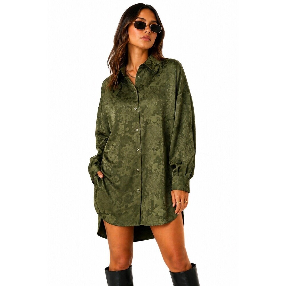 WAYF Olive Green Floral Jacquard Satin Button Front Tunic Shirt Dress Size L